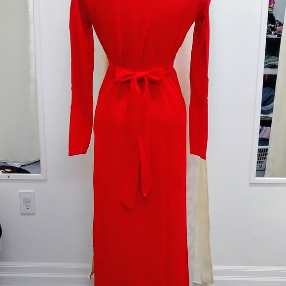 1970's Vintage Red Maxi Peasant Dress w/ Embroidered Waistband by Styled by Mr. - Picture 3 of 10